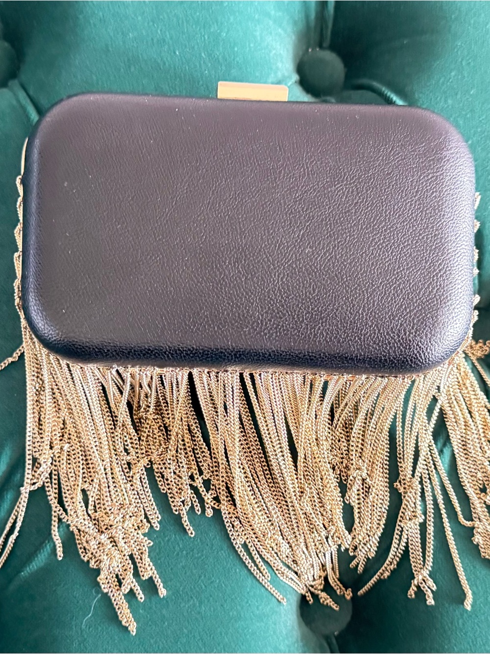 Black Leather Fringe Evening Clutch with Gold Chain Trim